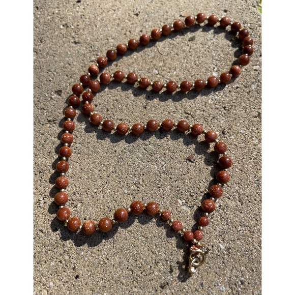 Vintage 21 Inch Necklace of Goldstone Beads with small Gold Tone Beads - Picture 2 of 5